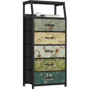 Furnulem Retro 5 Drawers Dresser, Tall Dressers for Bedroom, Closet, Hallway, Nursery, Fabric Storage Tower Organizer, Vertical Nightstand Side Table Furniture, Steel Frame, Wood Top (Vintage Floral)