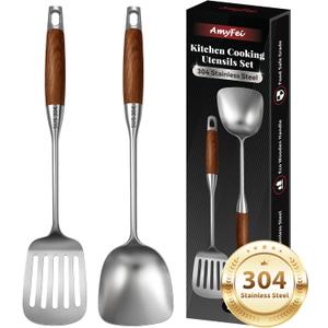 2Pcs Cooking Utensils Set,304 Stainless Steel Wok Spatula,kitchen utensils with Wooden Handle,Wok Tools Professional Set, Non-Stick and Heat Resistant