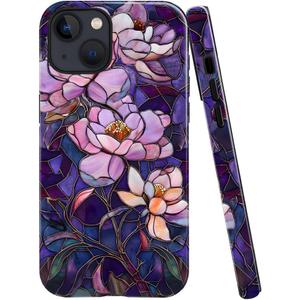 Case for iPhone 14,Fits Glossy Case Design for Girl Women,Stained Glass Flower Floral Purple
