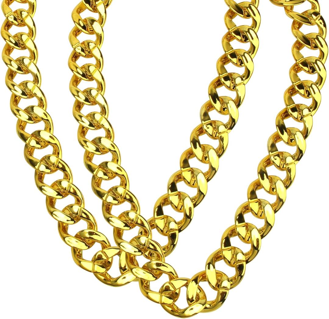 Hip Hop Chunky Gold Chain 2 Pack, 36 Inch Big Plastic Gold Necklace 80s 90s Punk Turnover Necklace Men Costume Accessory for Party Costume Class Bar