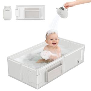 Baby Bathtub, Portable Bathtub with Cat-Patterned Bath Rinse Cup,Foldable Bath Tub for Small Bathroom,Toddler Tub for 6M-5Y,Baby Travel Essentials for Hotel,Camping & Beach (Grey)