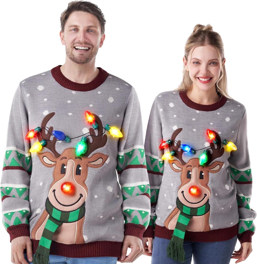 JOYIN Ugly Christmas Sweater Women Men Couples, LED Light Up Ugly Christmas Sweater Kids 2025 Reindeer(Gray