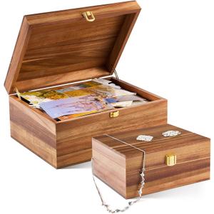 Vicenpal 2 Wooden Keepsake Boxes with Hinged Lid, Acacia Wood Memory Box, S & L, 11 x 8.7 x 5 & 6.9 x 5.2 x 3.5, Decorative Chest Storage for Crafts Photo Card Jewelry, Wedding Ideal Gift for Bridal