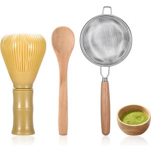 Matcha Whisk Tools Set, PP Resin Matcha Stirrer Green Tea Powder Preparation Prepare Japanese Tea, Includes 1 Whisk & 1 Sifter & 1 Spoon (Yellow)