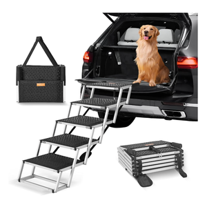 Foldable Dog Stairs for Car, SUV & Truck, 5-Step Pet Ramp with Non-Slip Surface, Portable and Lightweight Dog Steps for High Bed, Supports Up to 150 Lbs