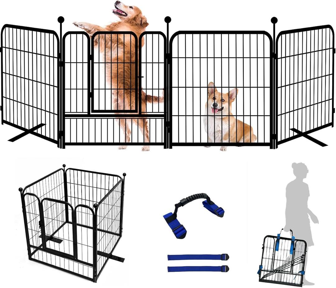 GXSDJ Metal Freestanding Dog Gates with Door, Outdoor Gates for Doorways Extra Wide, 75”W×24”H 3 Panels, Dog Fences Indoor for Stairs and Hallways, Include Foot Support