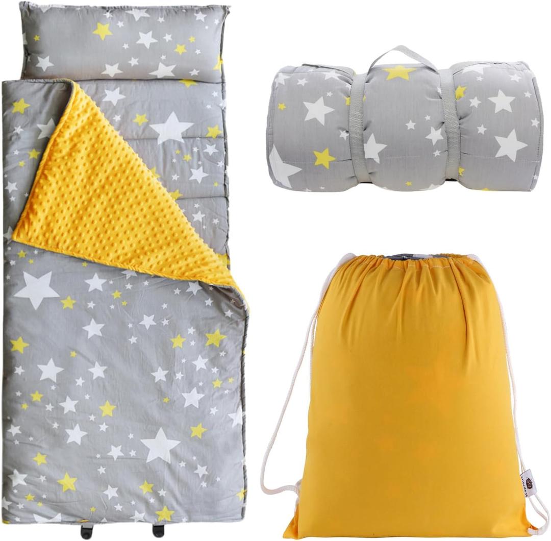 Toddlers Nap Mat with Removable Pillow and Soft Blanket, Lightweight Daycare Preschool Kindergarten Sleeping Bag, Travel Slumber for Kids Girls Boys (Stars)