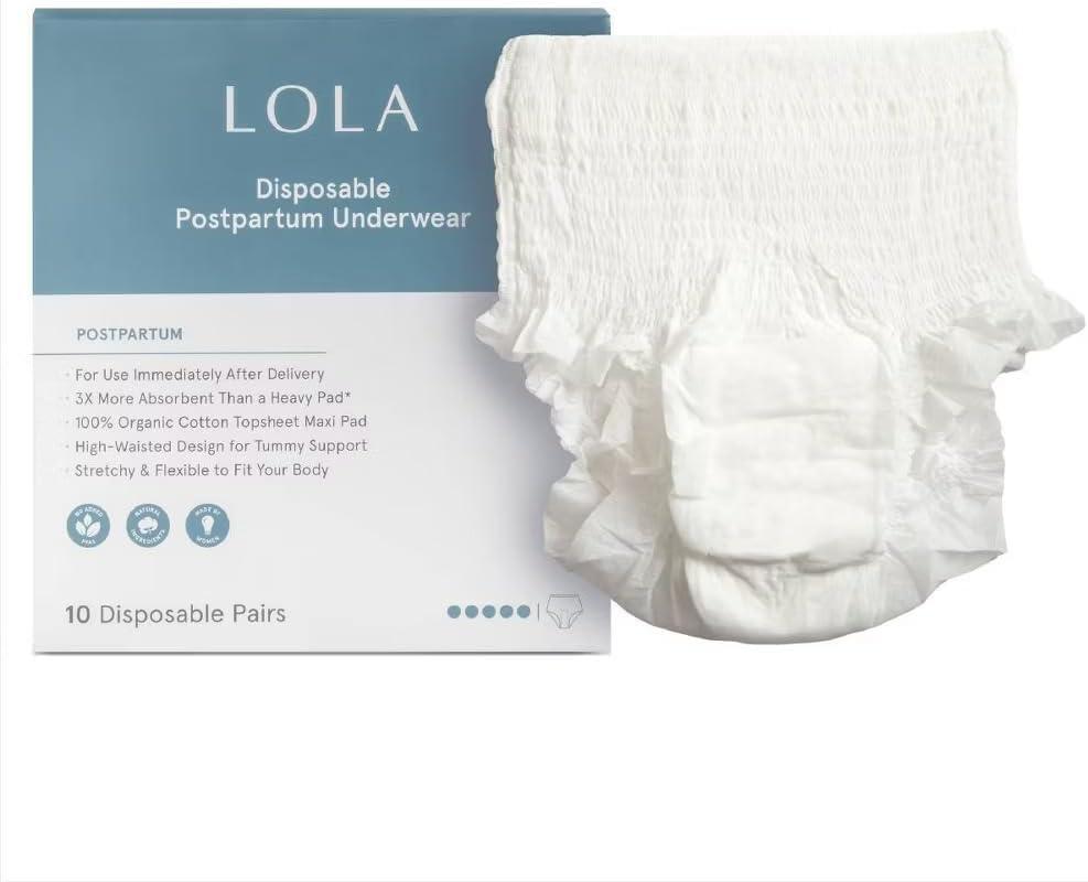 LOLA Postpartum Underwear with Organic Cotton Max Absorbency for Postpartum Bleeding - Pregnancy Hospital Bag Essentials - 10 Count