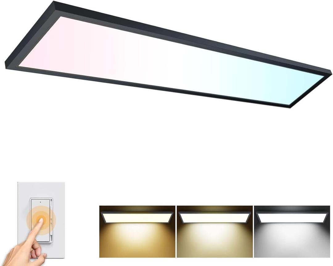 AIKVSXER 1PACK 1x4 LED Flat Panel Light Surface Mount LED Ceiling Light Black, 5500LM 50W TRIAC 10-100% Dimmable, 3000/4000/5000k Selectable Kitchen Ceiling Light Fixtures for Garage/Laundry
