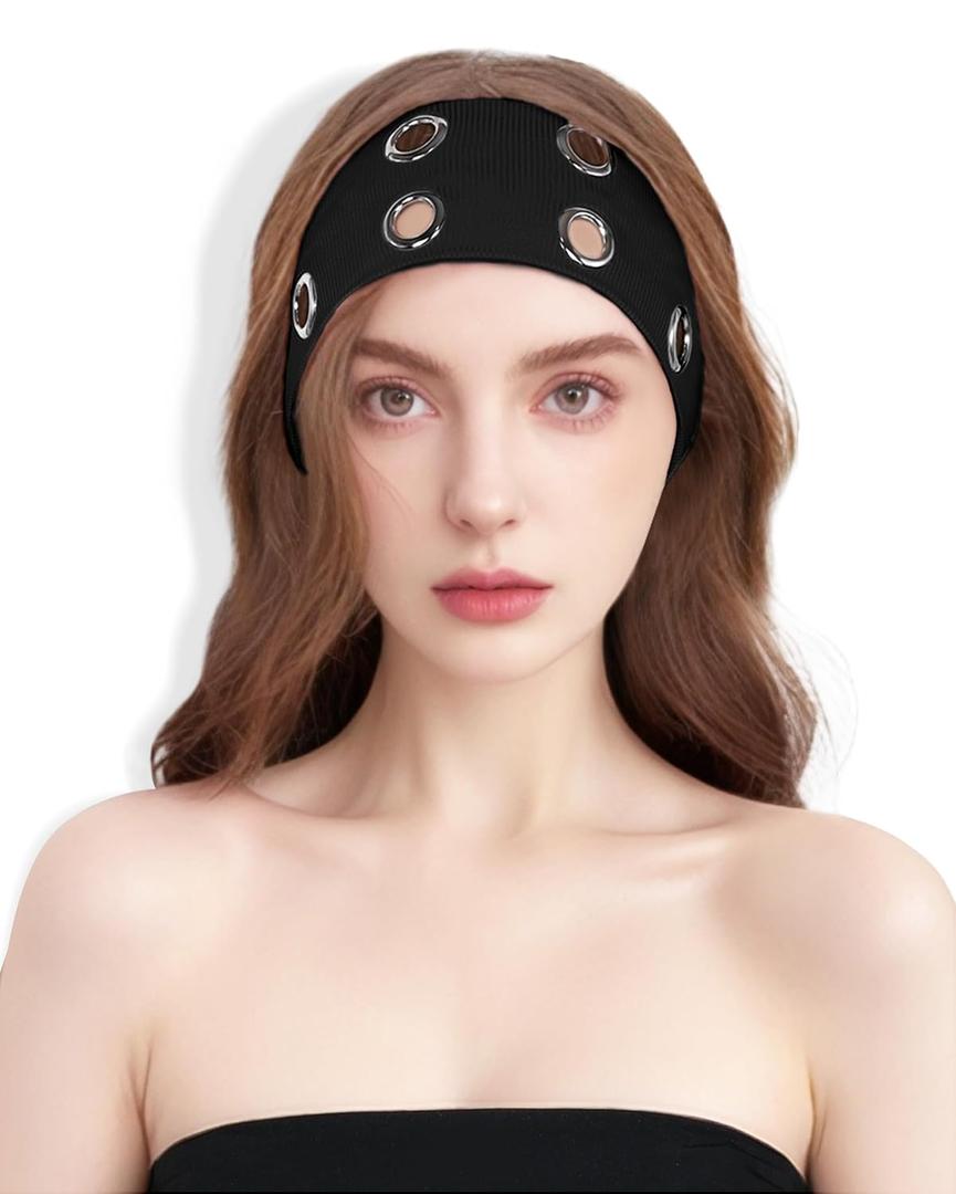 Grommet Headband for Women, Plus Black 23cm Hollow Out Elastic Hair Band, Eyelets Punk Grunge Stylish Hairband (1 Count (Pack of 1))