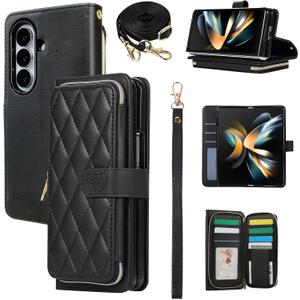 Wallet Case for Samsung Galaxy Z Fold 7 with Zipper Card Holder & Shoulder Strap & Wrist Strap, Crossbody Purse Handbag Stylish Protective Cover for Galaxy Z Fold 7 -Black