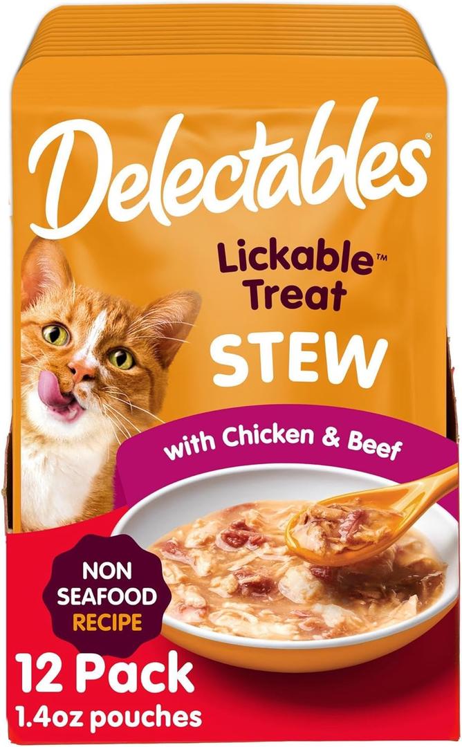 Hartz Delectables Non-Seafood Stew Lickable Wet Cat Treats, Chicken & Beef, 1.4 Ounce (Pack of 12) (BB: October 15, 2027)