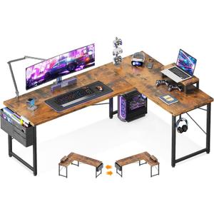ODK L Shaped Desk, 66" Computer Corner Gaming Desk, Home Office Writing Table with Monitor Shelf, Modern Simple Wooden Table, Easy to Assemble, Vintage