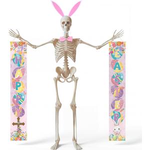12 ft Skeleton Easter Costume Accessories Include Happy Easter Banner Bunny Ears Headband Pink Bow Giant Sized Skeleton Outfit Set for Holiday Garden Patio Lawn Decor