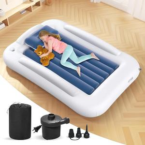 Deeteck Inflatable Toddler Travel Bed  60 Inches Portable Toddler Bed for Travel with Safety Sides  Cozy Kids Air Mattress Set with Builtin Electric Pump & Carry Case Easy to Inflate  Sea Blue