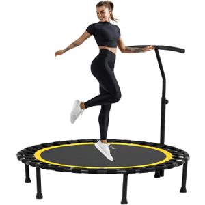 50 Foldable Mini Trampoline for Adults, 330 LBS Bungee Rebounder Trampoline Indoor/Outdoor with T Shape Adjustable Foam Handle, Stable, Quiet Exercise Workout Equipment for Home Gym (Yellow)