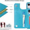 iCoverCase Compatible with iPhone 13 Wallet Phone Case with Card Holder for Women, RFID Blocking Embossed PU Leather Wrist Strap Case 6.1 Inch (Macaron Blue)