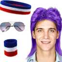 Chuangdi Mullet Wigs for Men 80s Retro Men's Mullet Wig with Patriotic Sunglasses & Wristband for Halloween Disco Style Party Costumes 4th of July Independence Day (Purple)