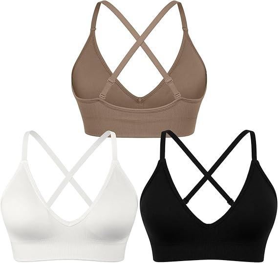 V-Neck Sports Bra for Women Adjustable Strappy Yoga Bra Spaghetti Strap Padded Workout Bra S-XL Low Impact Seamless Bralettes Large