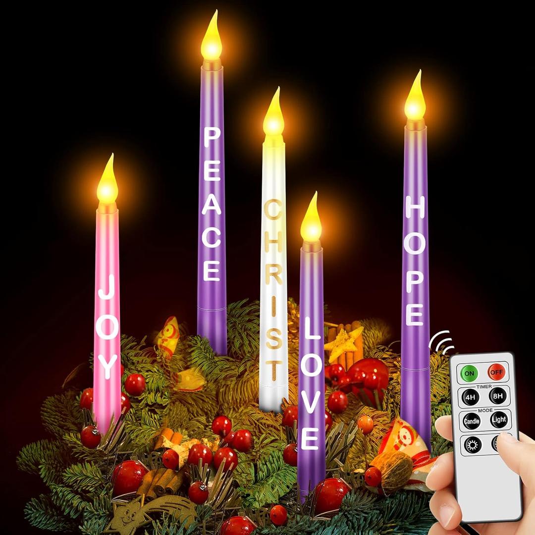 5 Pcs LED Flameless Advent Candle Set Christmas Advent Candles with Words Hope Peace Love Joy Christ and Remote Purple Pink White Taper Candles for Church Advent Wreath (Simple with Words and Remote)