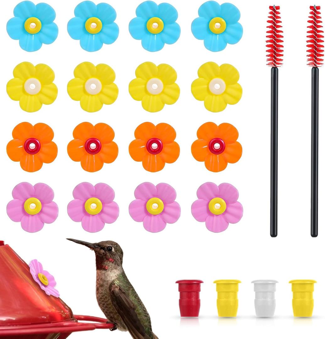 16 Pieces Hummingbird Feeders Replacement Flowers, Pet Hummingbird Feeder Parts Feeding Ports Bird Feeder Replacement Parts with 2 Cleaning Brush for Outdoor Hanging Feeders Bee Guards Kit(Colorful)