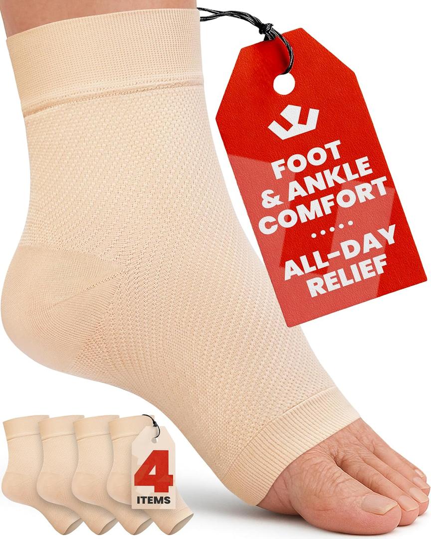 KEMFORD Ankle Compression Sleeve - 2-Pairs, Plantar Fasciitis Braces - Open Toe Compression Socks for Swelling, Sprain, Neuropathy, Foot Arch Support for Men and Women - 20-30mmhg, L, Beige