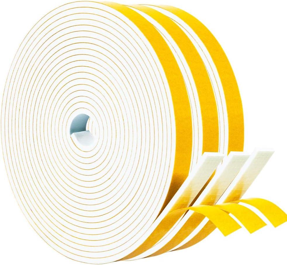 Yotache White Windows Doors Insulation Seal Tape 3 Rolls 1/2" x1/8", Adhesive Foam Gasket for Weather Stripping, Cabinet Door Frame, Total 50 Feet Long (3 X 16.5 Ft Each)
