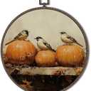 XNXLDYLH Vintage Fall Pumpkin Bird Round Framed Wall Art Decor, Cottagecore Harvest Antique Hanging Wall Decor Decorations, Rustic Fall Autumn Canvas Prints Wall Art Paintings for Living Room, 10x10In