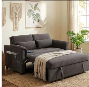 Trygoal Sofa Bed, Pull Out Couch with Side Pockets, 3 in 1 Velvet Loveseat Sleeper Sofas Beds with USB Ports, Sofa Bed Couch with Adjustable Backrest for Living Room, Bedroom, Apartment, Gray