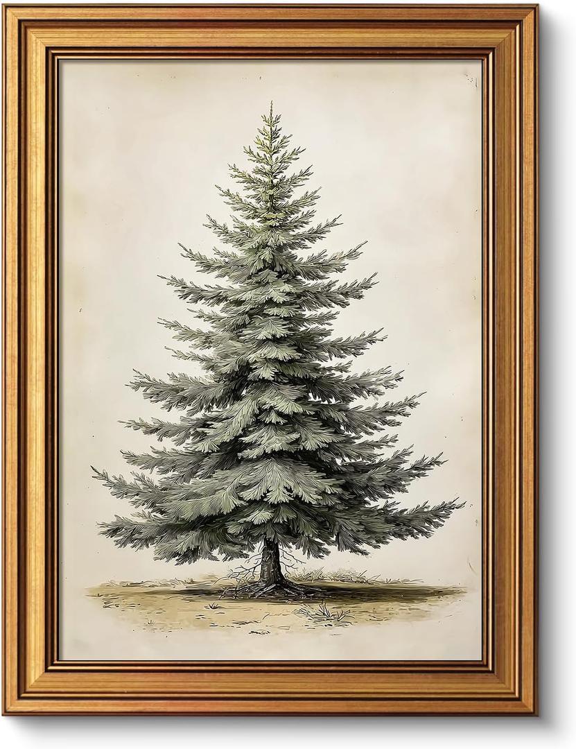 VIYYIEA Gold Framed Canvas Art, Vintage Christmas Tree Decor, 12x16Inch, Winter Retro Pine Picture Painting Gifts, xmas Decorations for Bedroom Living Room Shelf Fireplace