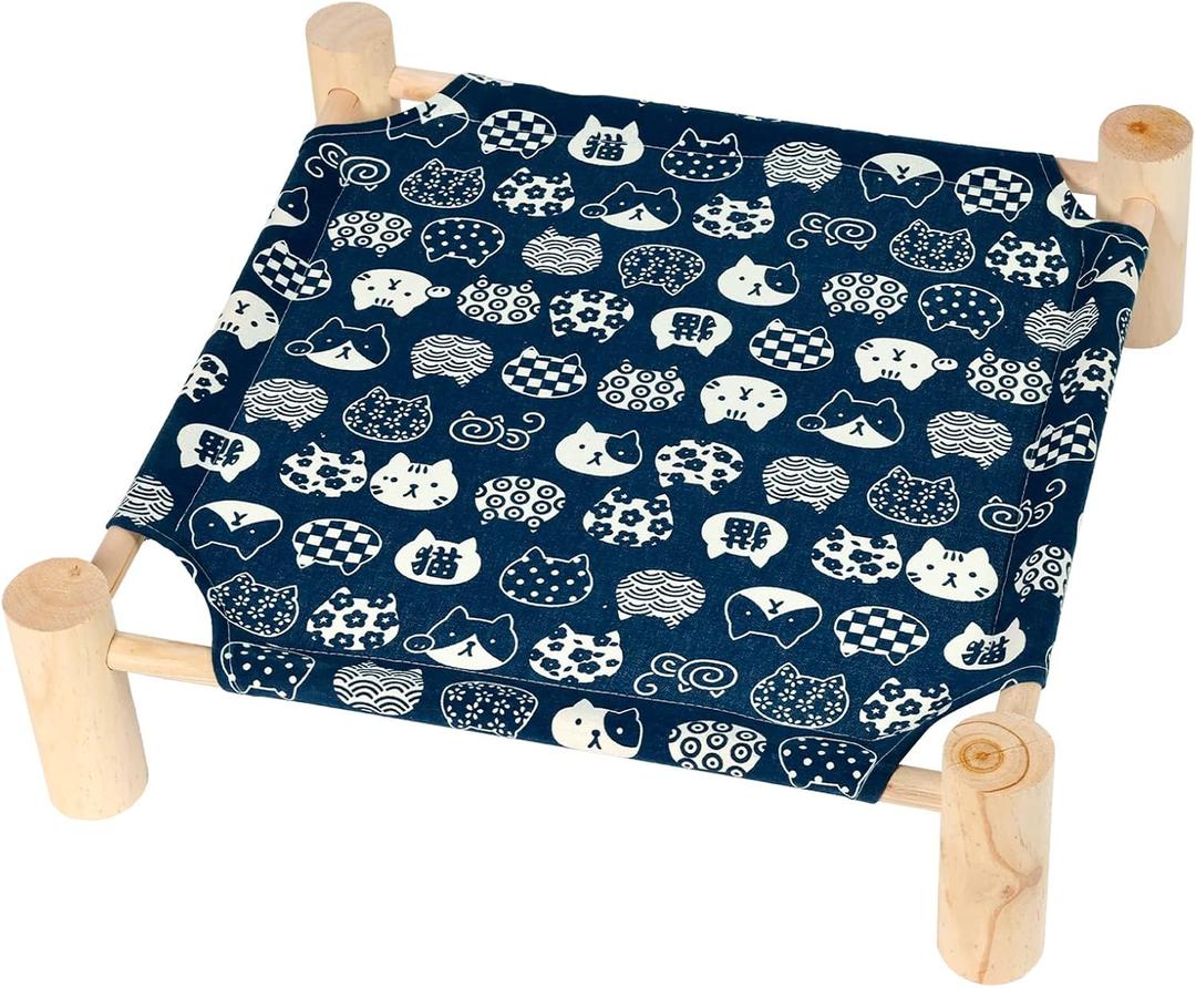 Patas Lague Pet Bed, Small, Elevated Cooling Hammock Bed, Wood, 19x19x5 inches, 20 lbs, Blue Cat, Indoor/Outdoor, Square, for Cats and Dogs (1 Cover, Blue Cat)