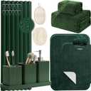 Green Bathroom Set, Dark Green Bathroom Accessories Set with Shower Curtain and Rugs, Bath Towel Sets, Natural Loofah Sponge, Soap Dispenser, Toothbrush Holder, Bathroom Tumbler and Tray for Bathroom