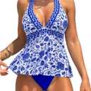 MakeMeChic Women's 2 Piece Tankini Sets Floral Halter Tummy Control High Waist Summer Swimsuit (Blue and White, Size S)