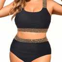 Black Golden Women Two Piece Plus Size Bikini - High Waisted Swimsuits Tummy Control Bathing Suits Swimwear 2025 18W
