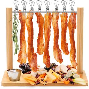Wonderjune Bamboo 13 Inch Bacon Display Rack Wooden Bacon Tray Hanger Serving Dishes Meat Display Holder for Wedding Home Party Housewarming Gifts