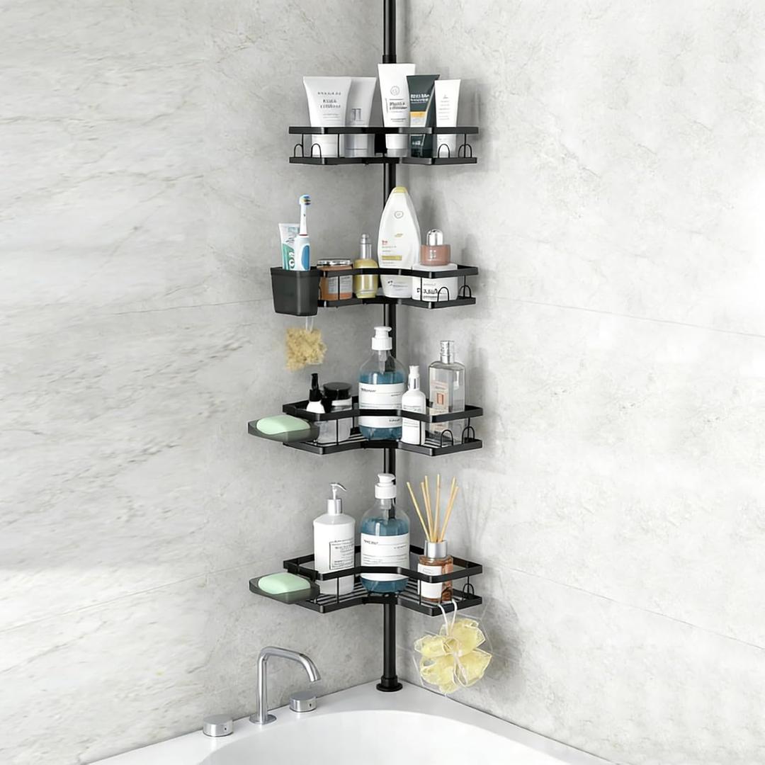 Corner Shower Caddy Tension Pole,4-Tier Rustproof Bathroom Organizer Shelves,Adjustable Floor Standing Bath Rack Holder,Waterproof Bathroom Storage Accessories for Bathtub,Black