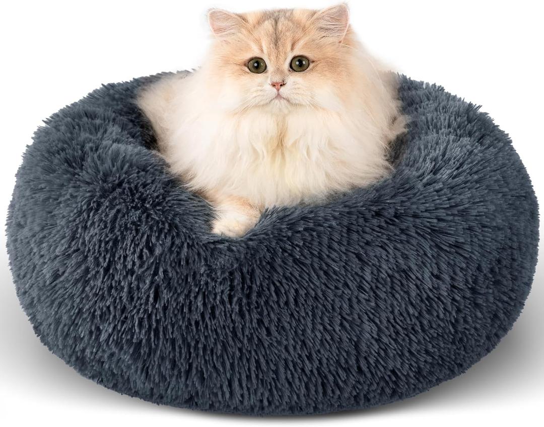 Calming Dog Beds - Round Donut Washable Dog & Cat Bed, Anti-Slip Faux Fur Fluffy Cuddle Anxiety Relief (16" Dark Grey) (16"L x 16"W x 8"Th)