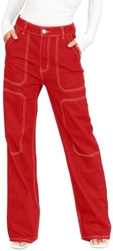 Dokotoo Women's Casual Mid Waist Cargo Jeans Stretch Wide Leg Denim Pants with Pockets.14