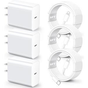for iPhone Fast Charger【MFi Certified】 3 Pack 20W PD USB C Wall Charger Adapter with 6FT USB C to ightning Cord Fast Charging Cable Compatible with iPhone 14/ 13/ 12/ 11/ Pro/ Pro Max/ Xs/ Xr/ X, White