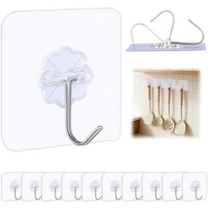 3 x Heavy Duty Adhesive Hooks for Hanging, Waterproof Bathroom Towel Hooks, Stainless Steel Wall Mount & Door Hooks, Clear Sticky Hooks for Coats, Towels, Bags, No Drilling (10PC)