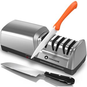 Electric Knife Sharpener 3 Stage - 100% Diamond Abrasives with 15 Precision Angle Guide, for Sharpening and Polishing Steel Kitchen Knives and Ceramic Knives, 240 Grit, 600 Grit, and 1000 Grit