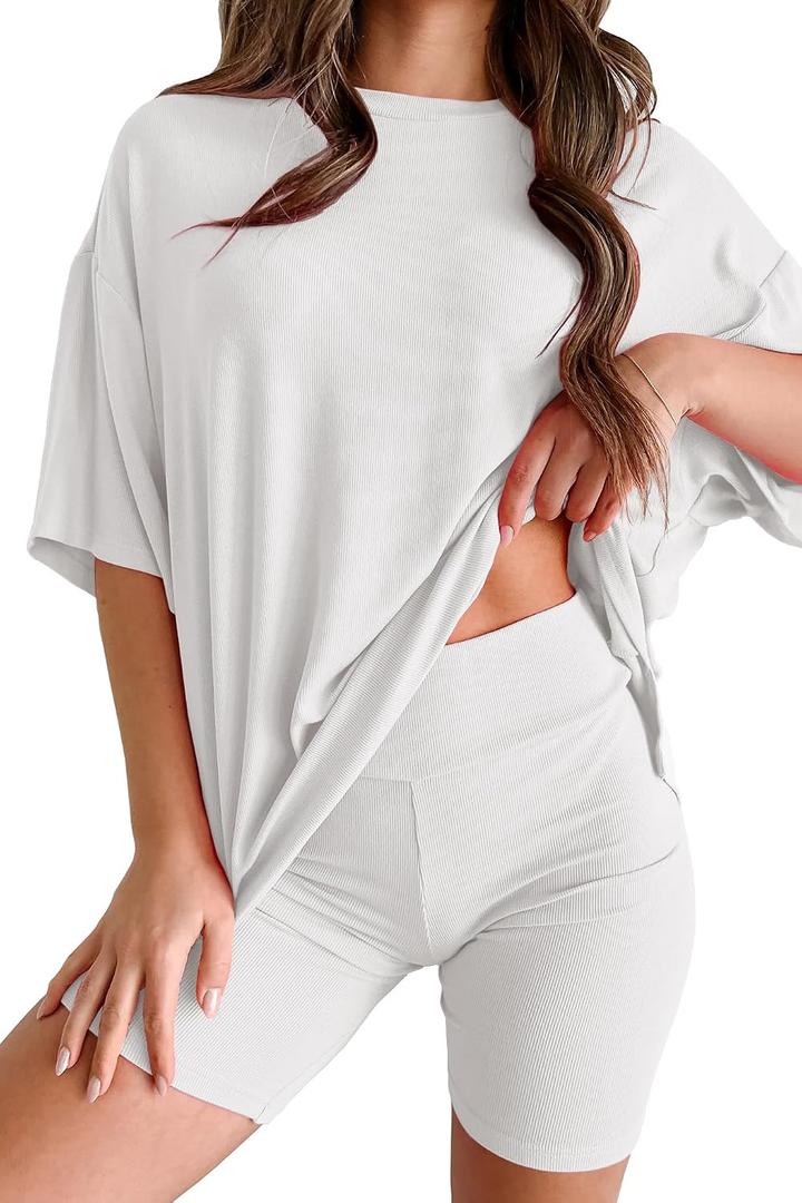 Womens 2 Piece Lounge Set 2026 Summer Travel Outfit Casual Short Sleeve Oversized Tshirts & Biker Shorts (White, XXL)