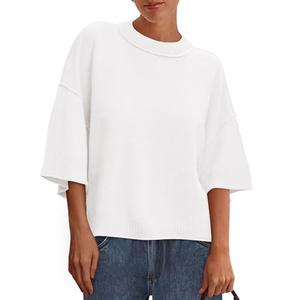 BTFBM Womens Short Sleeve Tops Summer Casual Crew Neck Oversized Sweater Color Ribbed Knit T Shirts(White, Small)