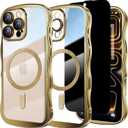 Misscase Designed for iPhone 16 Pro Max Case 6.9",with Privacy Screen Protector*1,Cute Wave Frame Case with Camera Lens Protector,Compatible with MagSafe Plating Bling for Women Gold