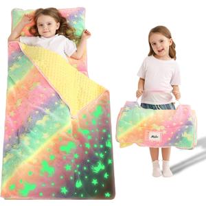 Lasoftan Toddler Nap Mat with Pillow and Blanket, Extra Large Rolled Napping Mats,Slumber Bags for Boys Girls,Kids Sleeping Bag for Daycare, Preschool Travel Camping (Glowing Unicorn)