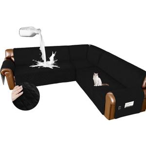 Arfntevss Waterproof Sectional Couch Covers L Shape Washable Velvet Sofa Cover for Sectional Non Slip Large Corner Slipcovers Dog 6 Pcs Universal U Shaped Furniture Protector (Black, XX-Large)