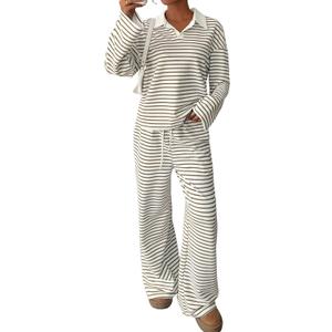 Sweetmoon 2 Piece Lounge Sets for Women Tall Oversized Sweatshirt Wide Leg Matching Pajamas Set Airport Travel Outfit Women (X-Large, Khaki Striped)