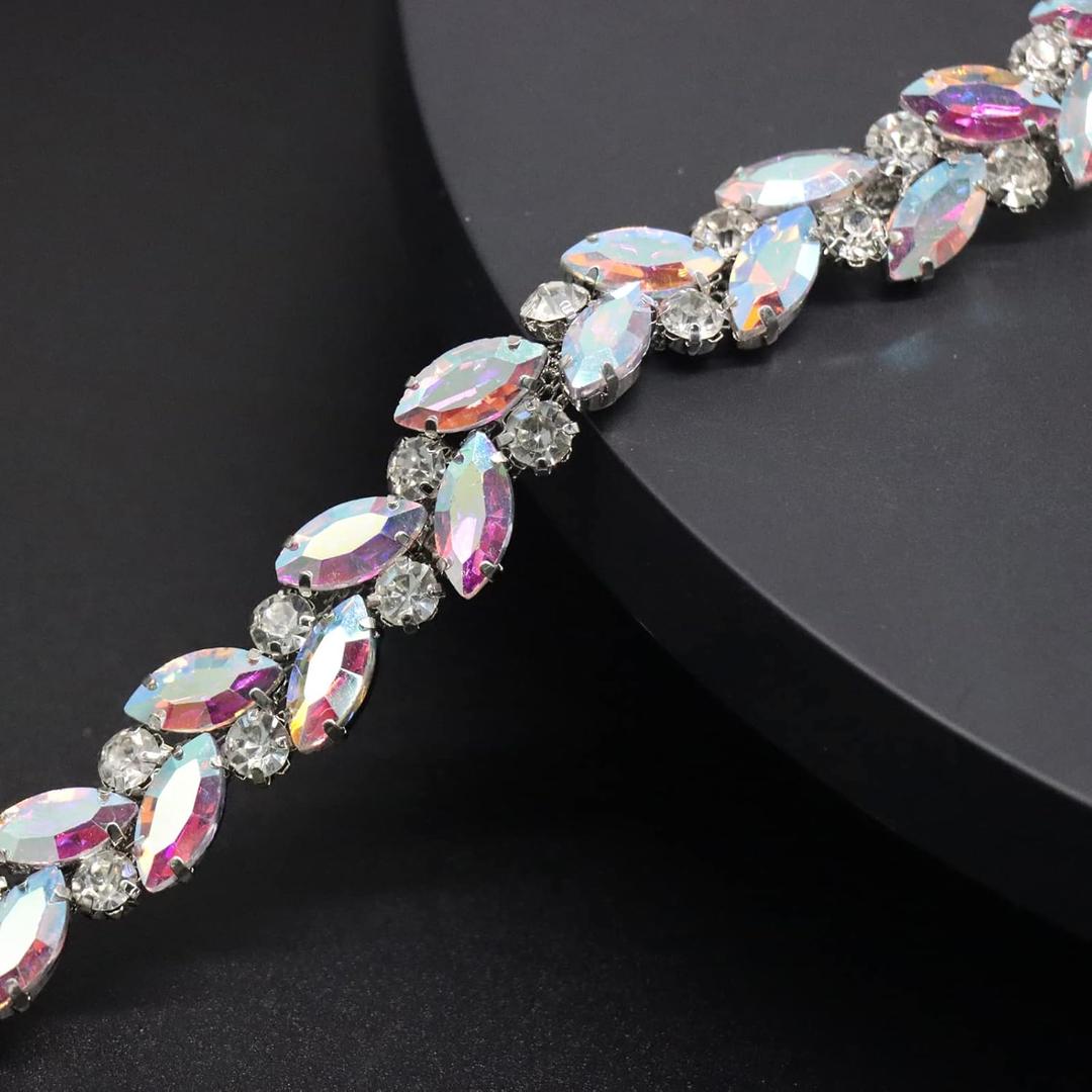 Jerler 1 Yard Rhinestone Trim, Crystal Rhinestone Chain Applique, Ideal for DIY Decoration and Wedding Clothing Embellishments, 0.6" Width (AB)