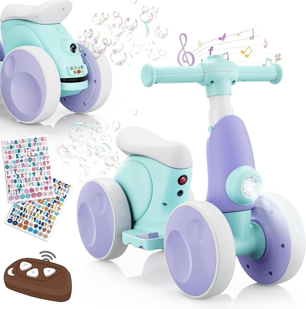 Electric Baby Balance Bike with Bubble Machine for 1 Year Old Boys Girls 4 in 1 Toddler Balance Bike 12-48 Month Kids Bubble Bike Ride Toys First Birthday Gift with Powered Motor,Music,LED Lights (Purple&Blue)