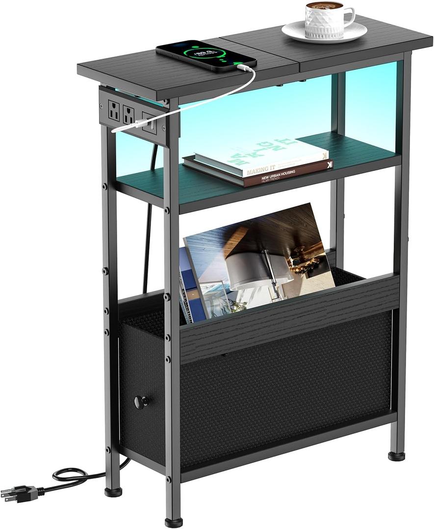 Creso hom Narrow Side Table with Charging Station and LED Light, Small End Table with 1 Fabric Drawer, Skinny Nightstand with USB Ports & Type-C, Slim Side Table for Bedroom, Living Room, Black